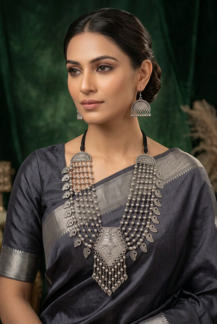 Model wearing Midnight Heirloom layered oxidised necklace and fan-shaped earrings with a grey saree.