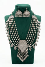 Midnight Heirloom oxidised necklace and fan-shaped earrings on a green bust, with layered beads and paisley charms.