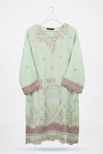 ront view of a mint green kurta with floral embroidery, pink scalloped cuffs and a decorative embroidered hem