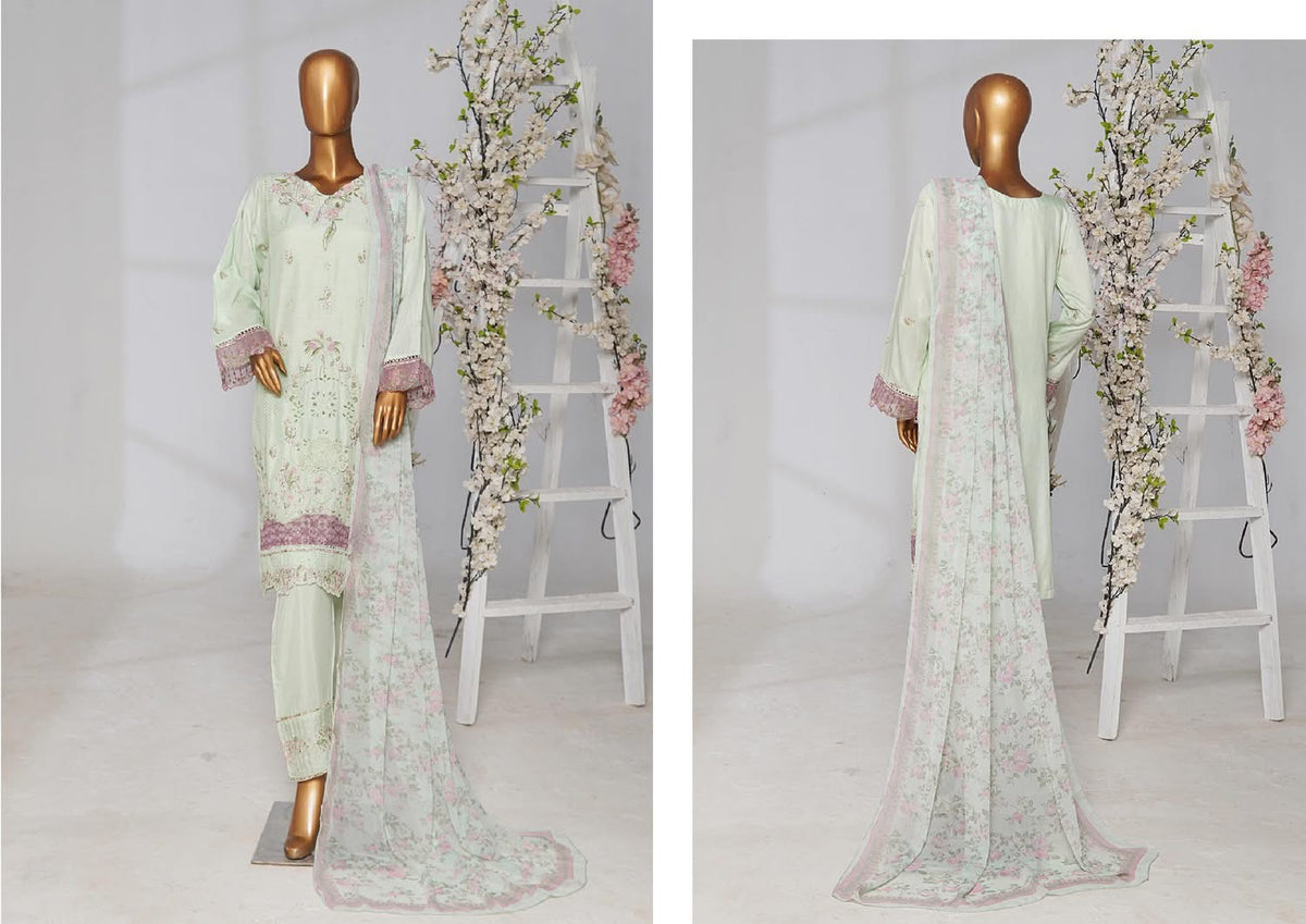 Front and back views of a mint green embroidered three-piece suit with matching trousers and a floral dupatta on a mannequin