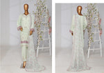 Front and back views of a mint green embroidered three-piece suit with matching trousers and a floral dupatta on a mannequin