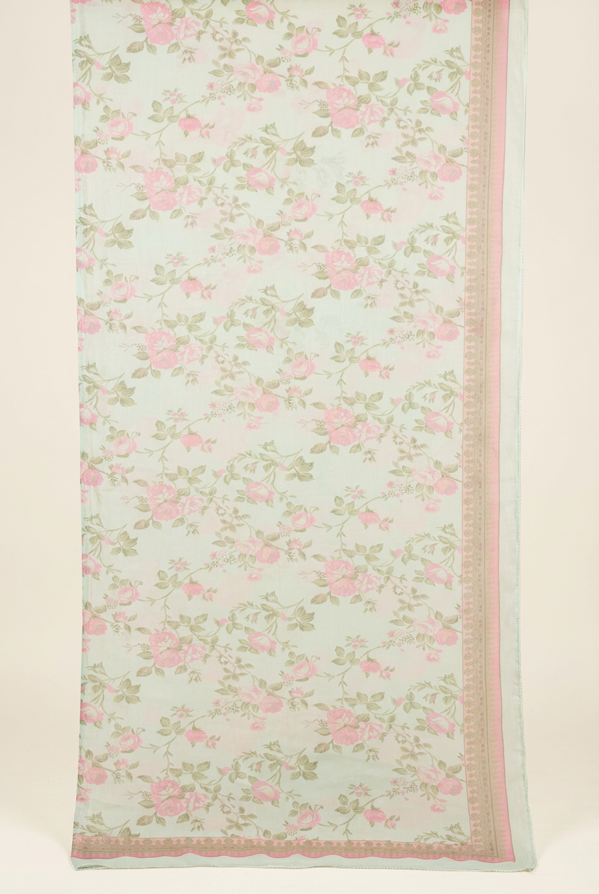 Sheer mint green chiffon dupatta with pink flowers, green leaves and a pink border.