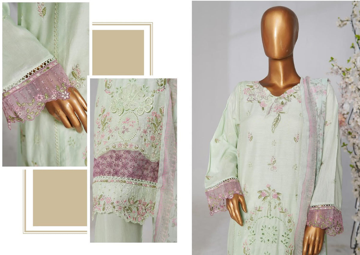 Collage showing the mint green embroidered kurta on a mannequin with close-ups of its pink cuff and embroidered hem