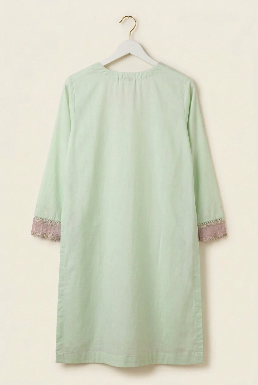 Back view of a mint green kurta on a white hanger, showing its plain back and pink embroidered cuffs