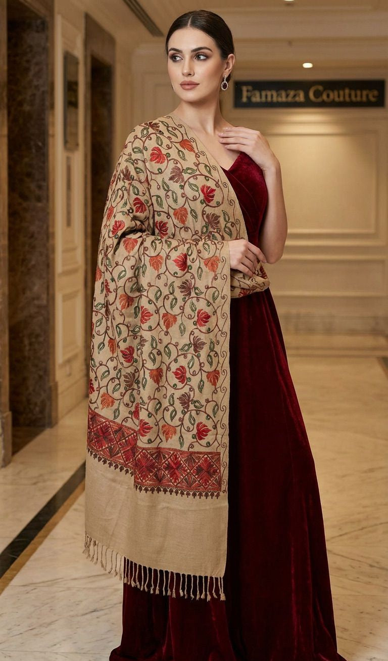 model-draping-beige-kashmiri-shawl-over-evening-wear