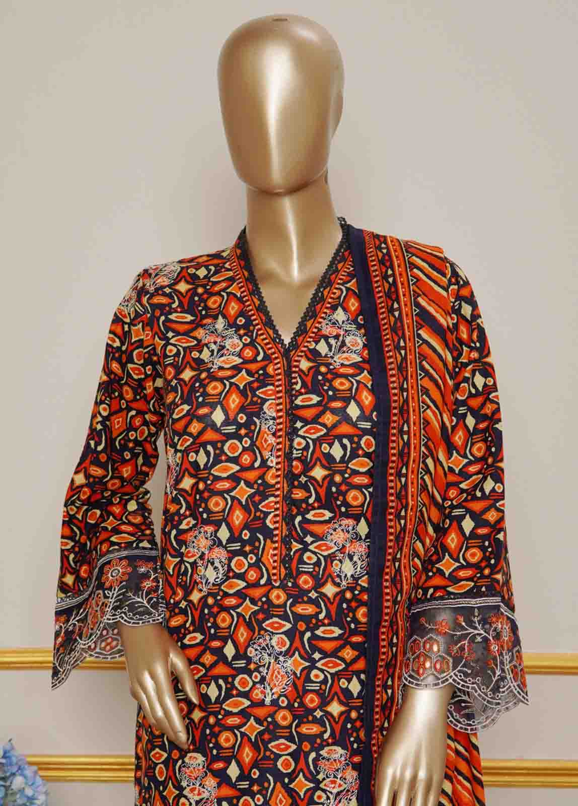 Model wearing beautiful Pakistani khaddar embroidered 3pc suit for Eid party wear