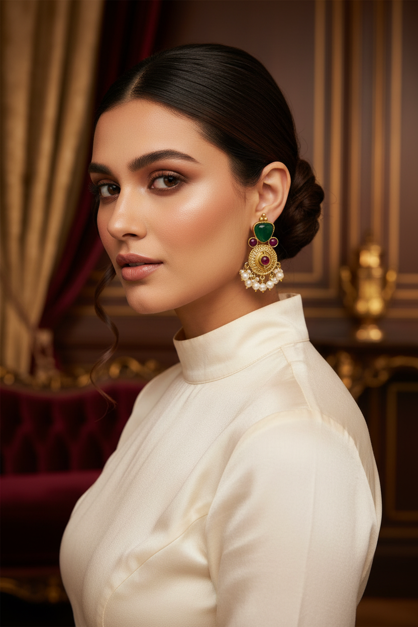 model is displaying the Pair of gold and green earrings with 3 tiny hot pink stones and nano pearls hangings in the bottom.