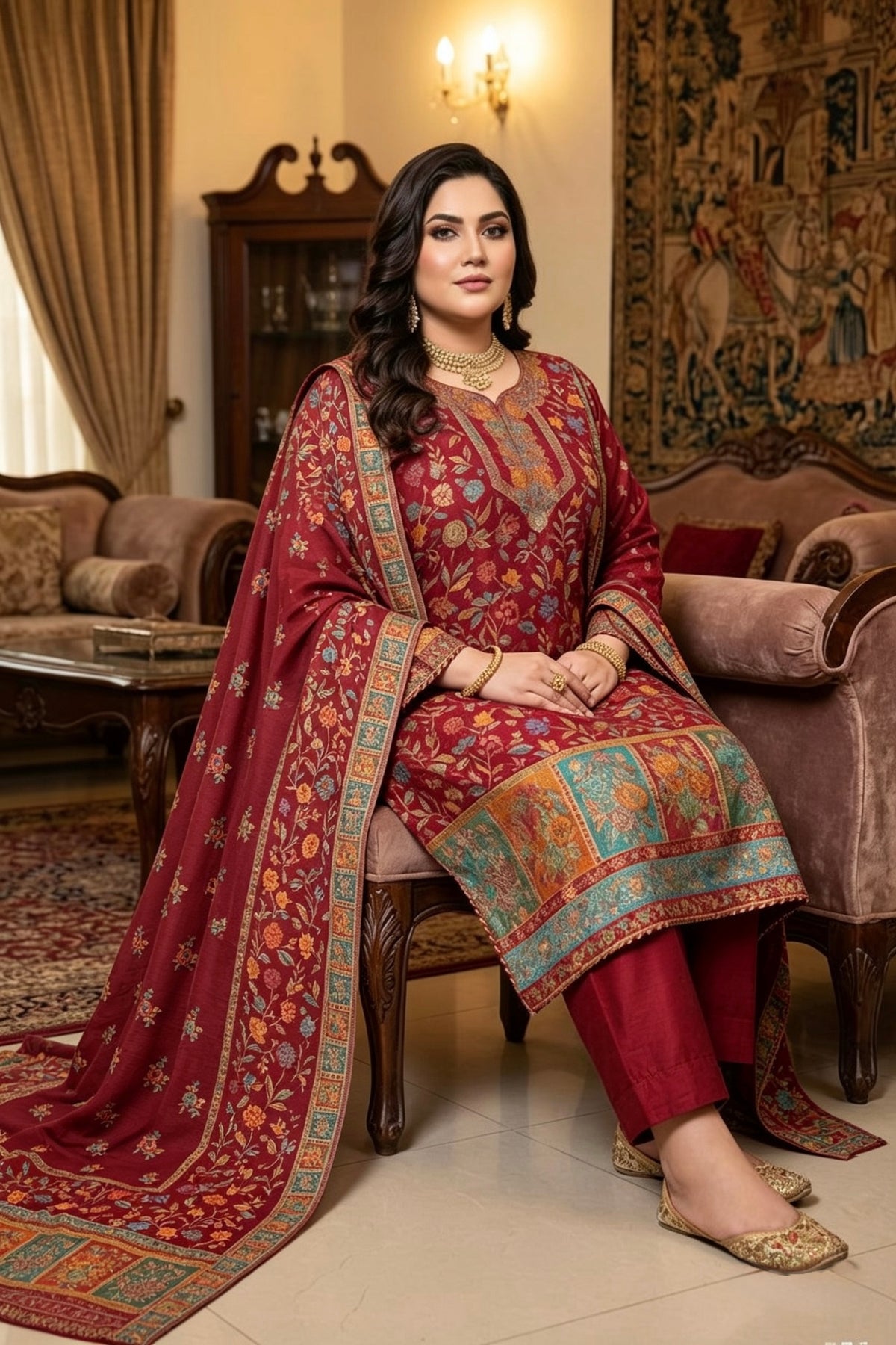 model is wearing 3pcs kanni silk dress