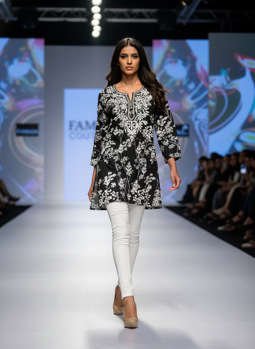 model is wearing and posing in this black colour machine embroidered printed short length kurti with white jeans by famaza couture 