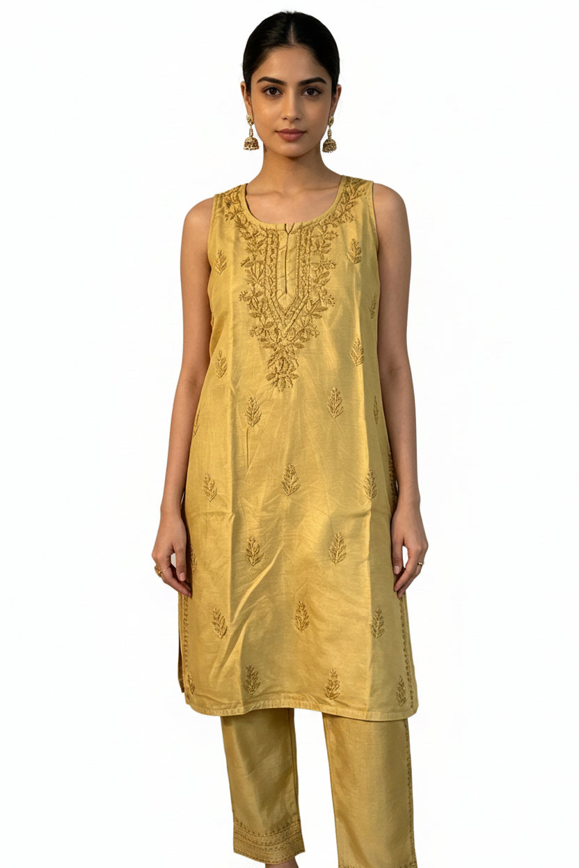 model is wearing gold chanderi silk 2pc dress with matching straight trousers 