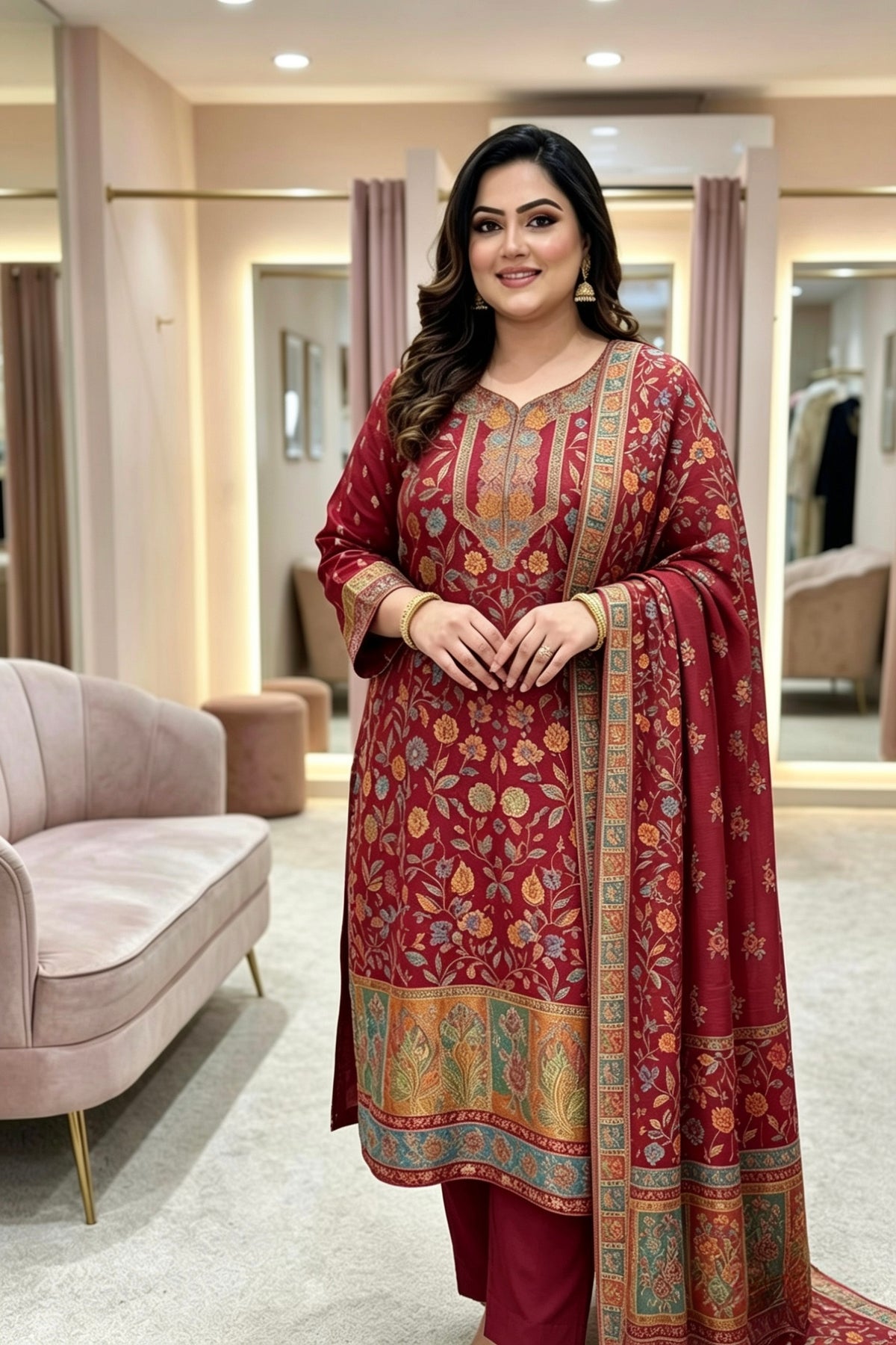 model is wearing this deep marron kanni silk 3pcs dress. 