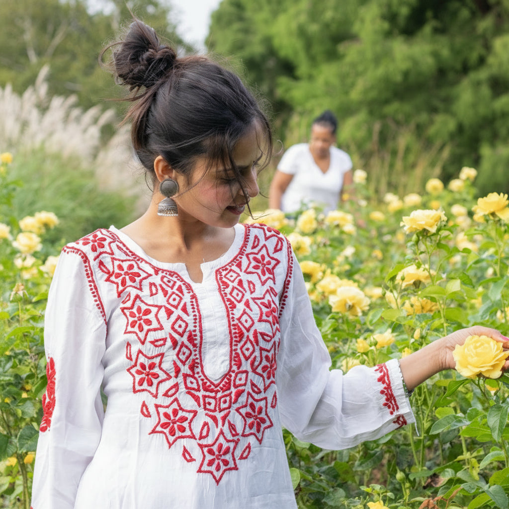 model is wearing white kurti with red embroidery 