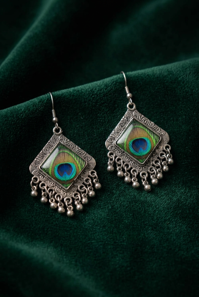 Close-up of Mor-Mahal oxidised drop earrings with green and blue peacock-feather motifs, diamond-shaped frames and dangling beads