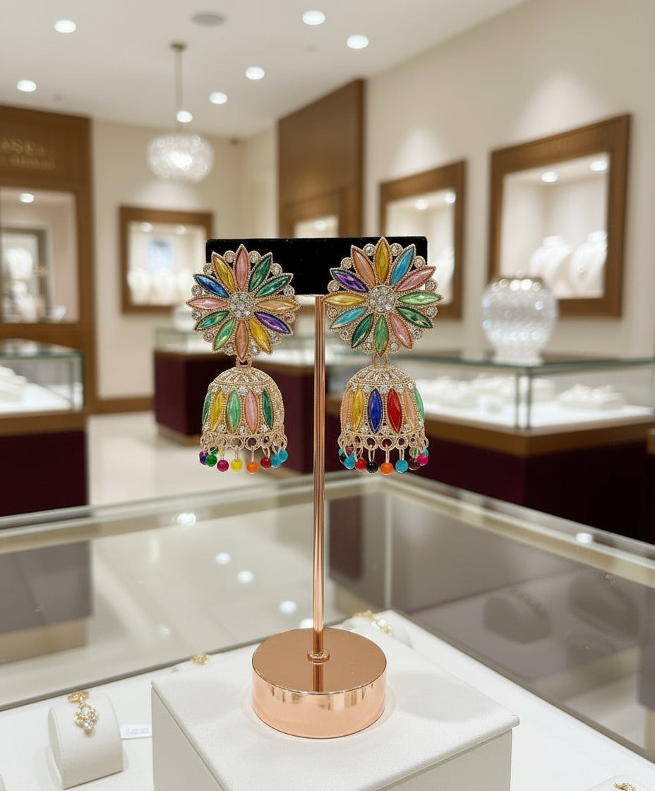 A pair of pink multicolour stone jhumka earrings with black plating, displayed on a stand.