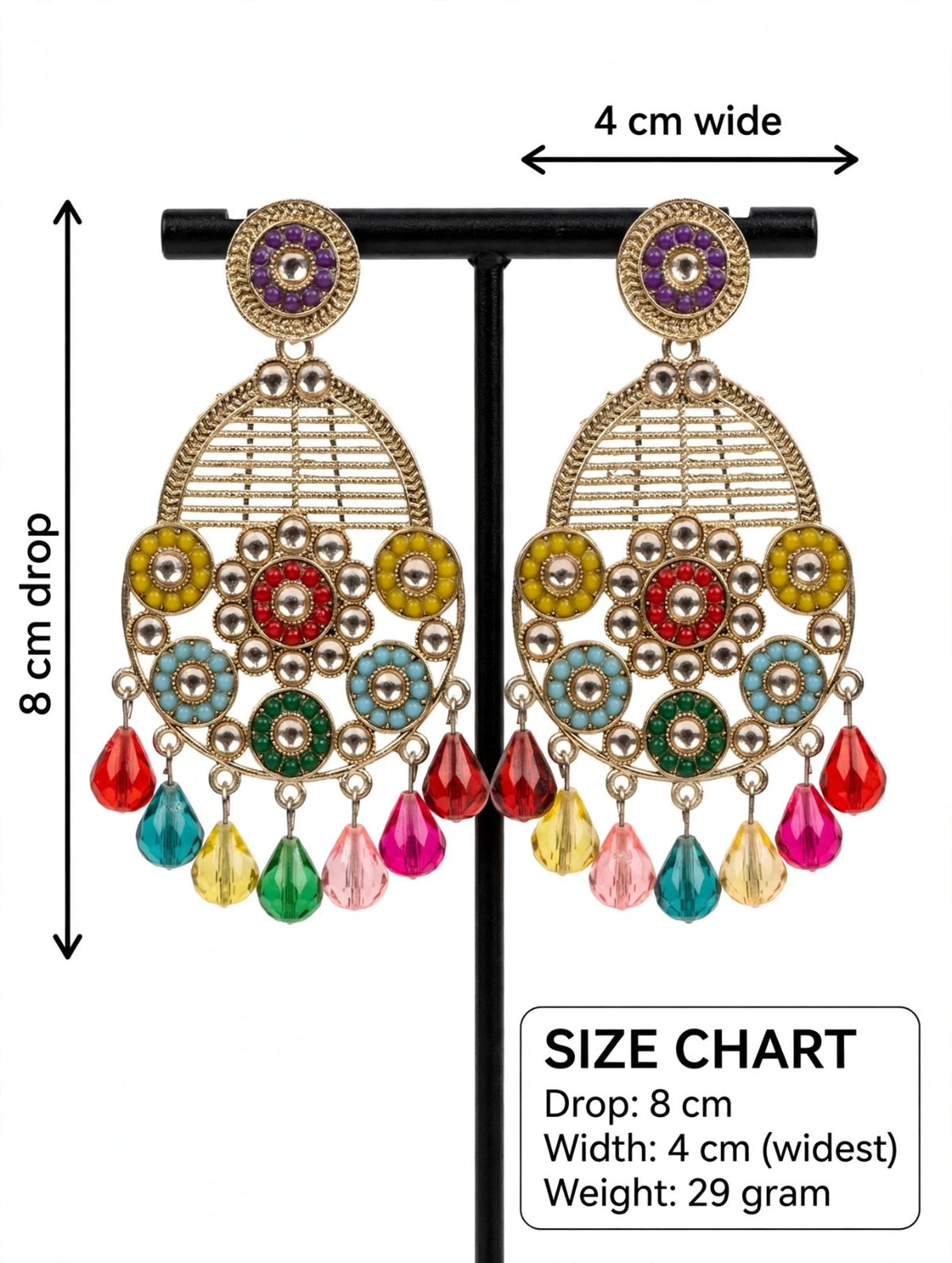 Multicolour teardrop earrings showing an 8 cm drop, 4 cm widest width and 29 g total pair weight.