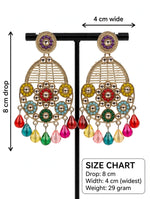 Multicolour teardrop earrings showing an 8 cm drop, 4 cm widest width and 29 g total pair weight.