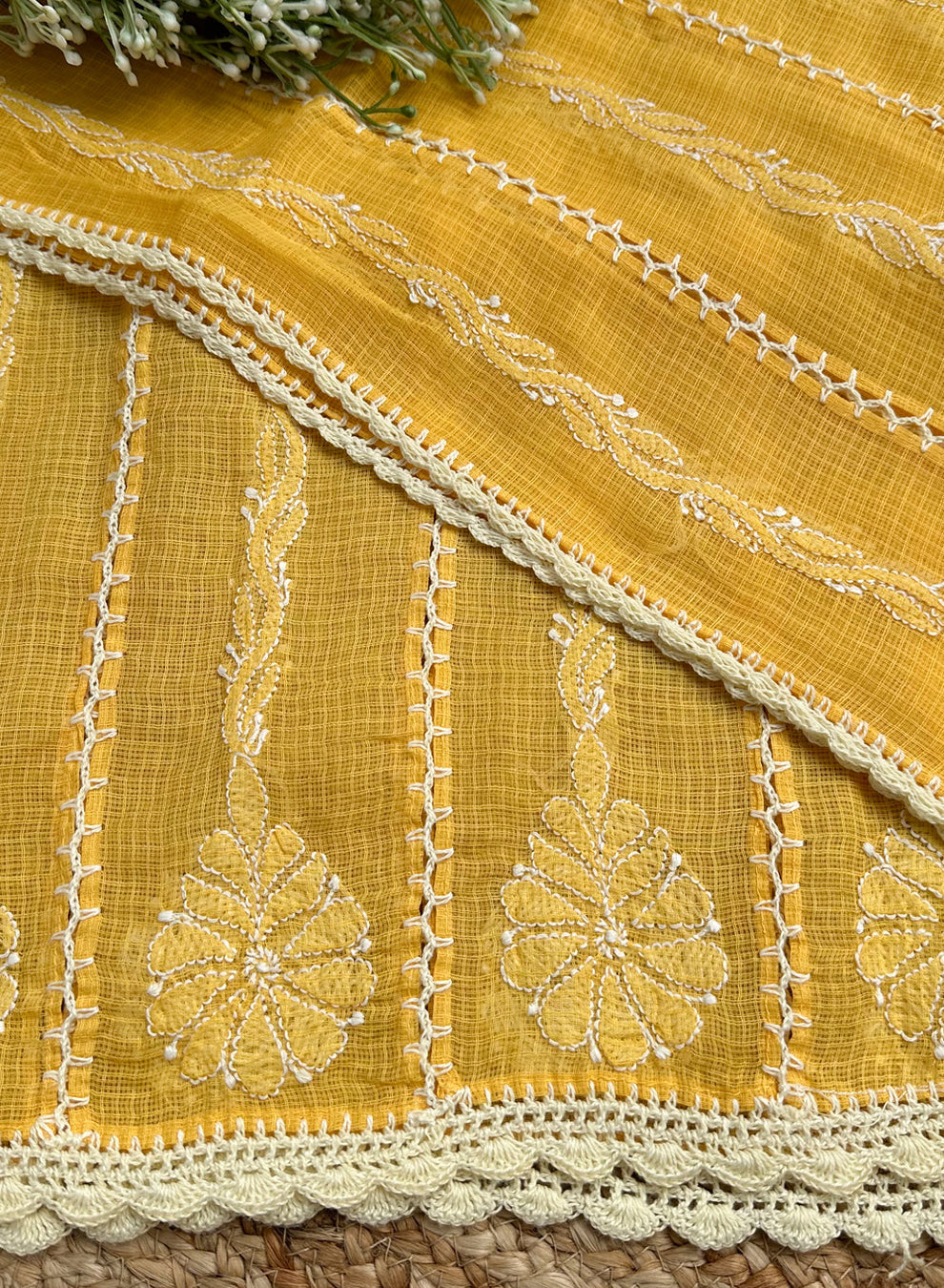 mustard kota doriya duppata embroidery detail