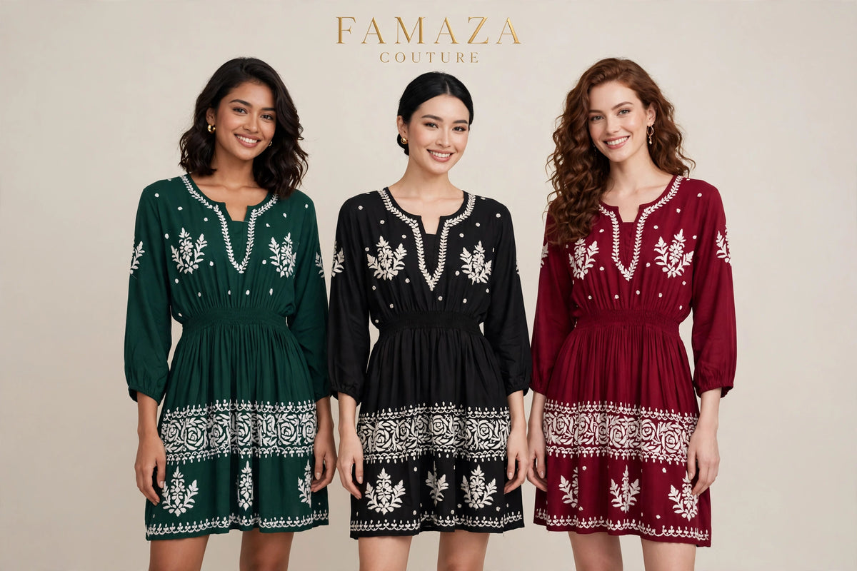 Three women modeling short embroidered dresses in dark green, black, and burgundy, standing against a light beige studio background with the brand name FAMAZA COUTURE at the top.