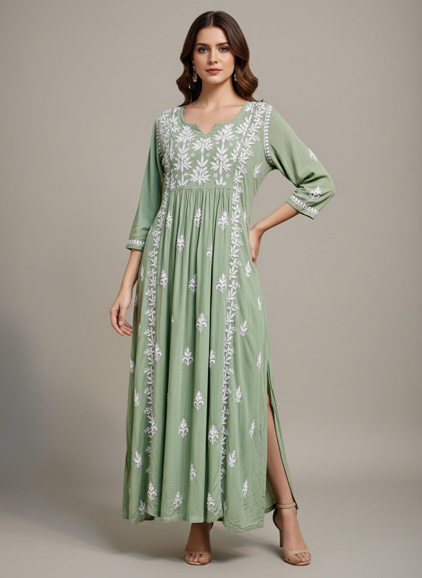 Naira cut Chikankari kurti top, olive green with embroidery