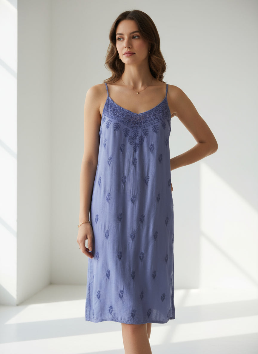 navy blue Chikankari muslin fabric noodle dress with hand embroidery by famaza couture