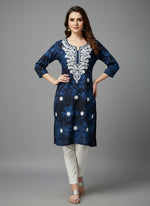navy blue colourtie-dye machine embroidery short kurti by famaza couture 