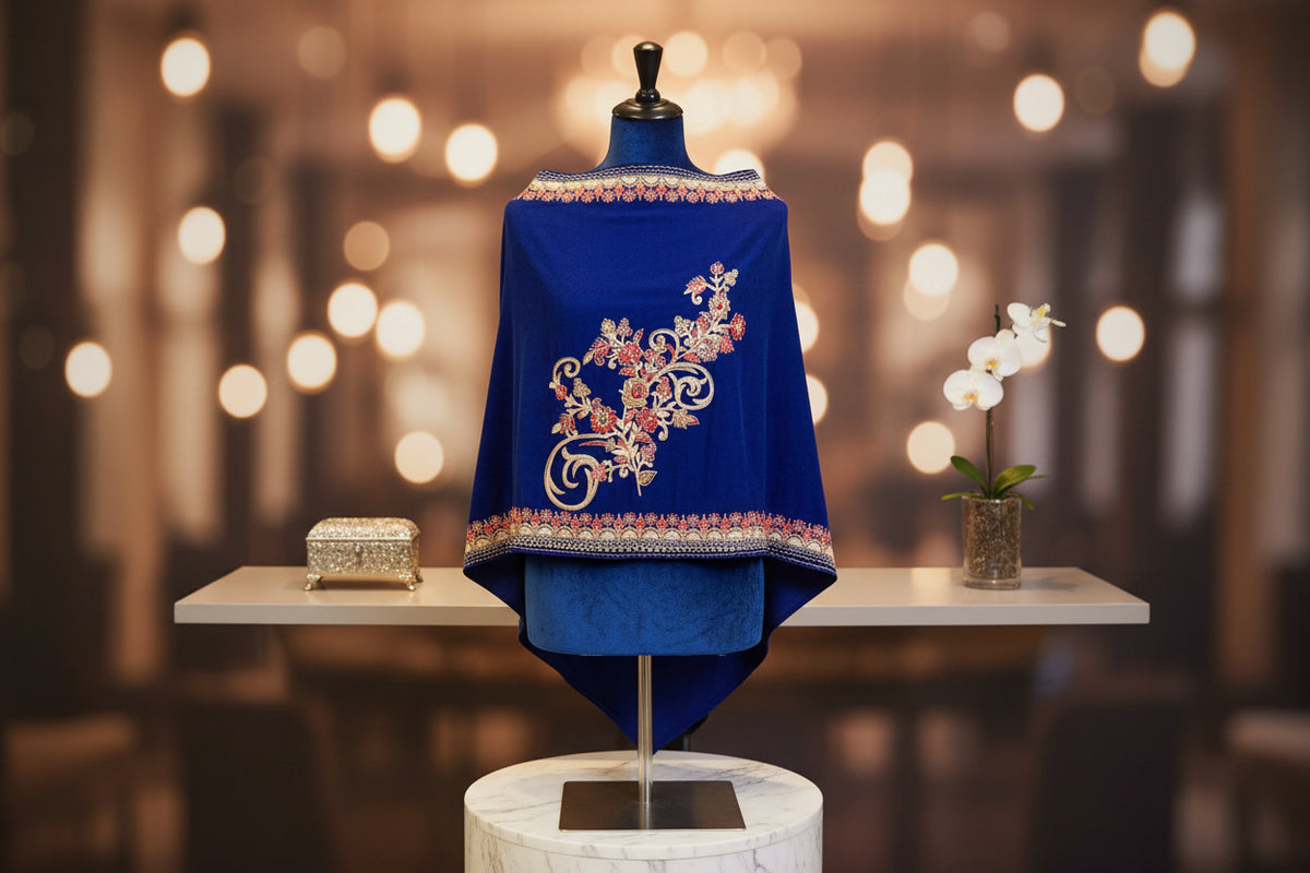 Blue embroidered garment on a mannequin with a blurred background of lights
