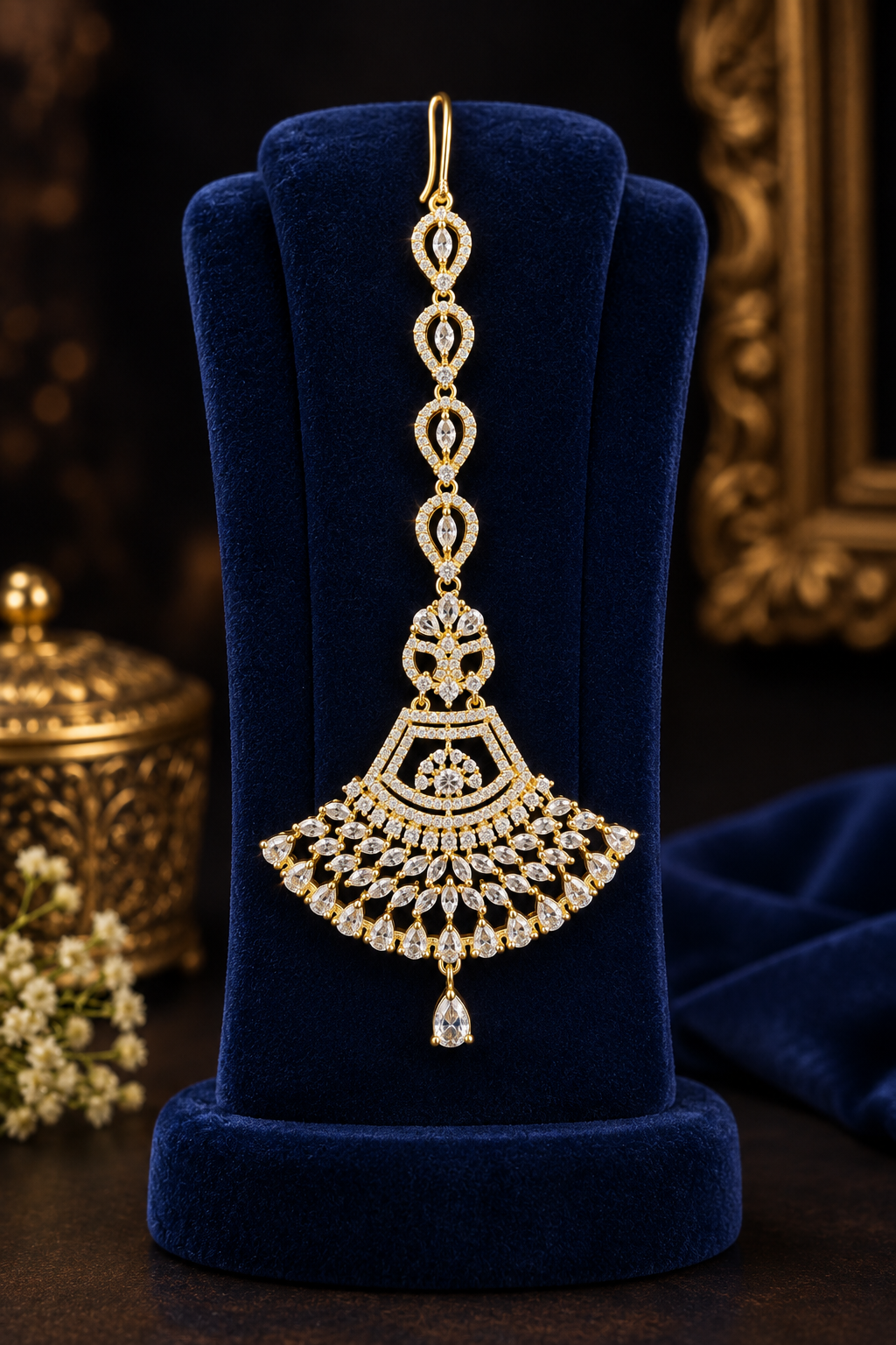 Anfal gold plated fan‑shaped American Diamond maang tikka displayed on navy blue velvet stand with gold accents — Famaza Couture premium bridal forehead jewelry.