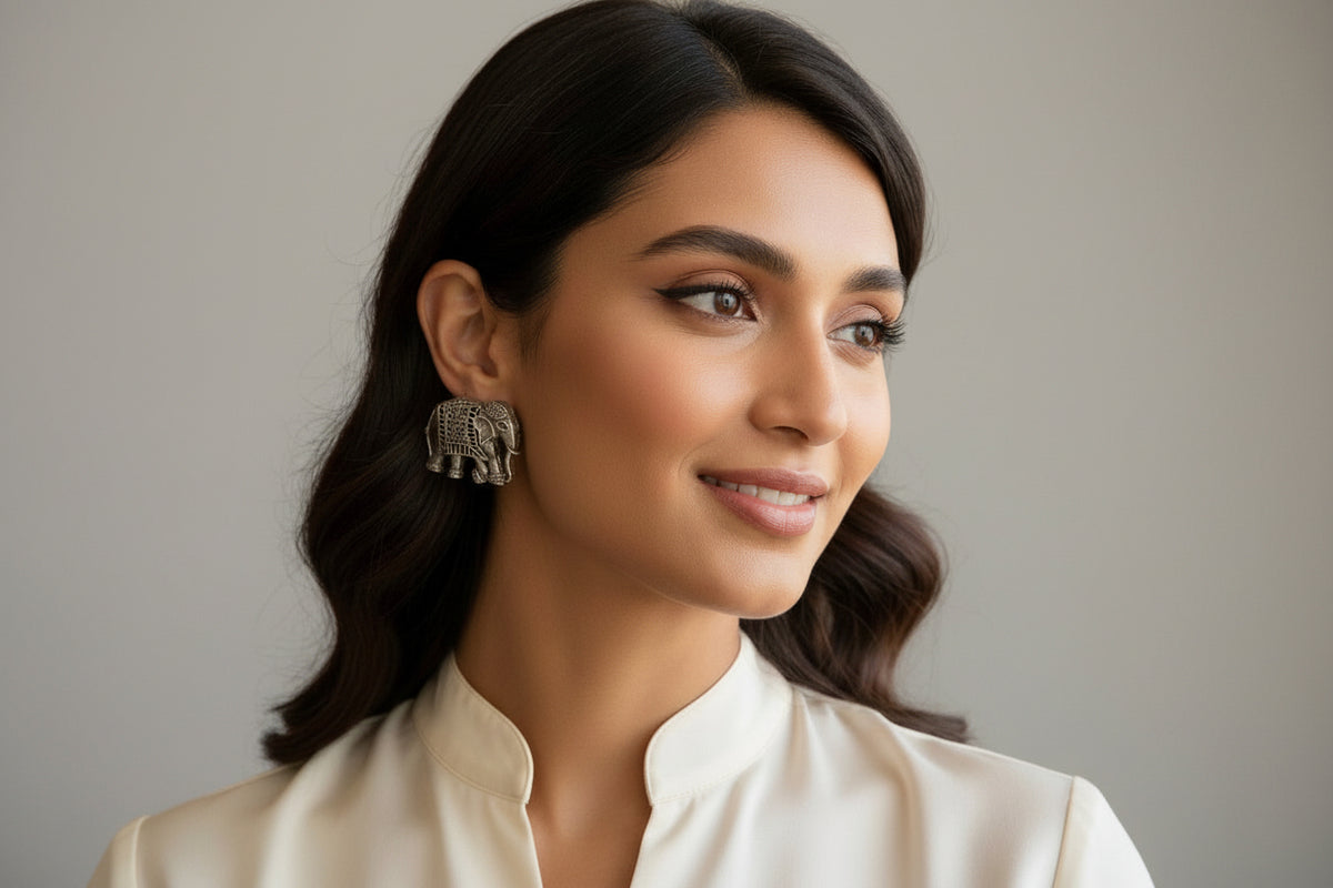 Oxidised Elephant Stud Earrings Traditional Indian Jewellery - Famaza Couture London