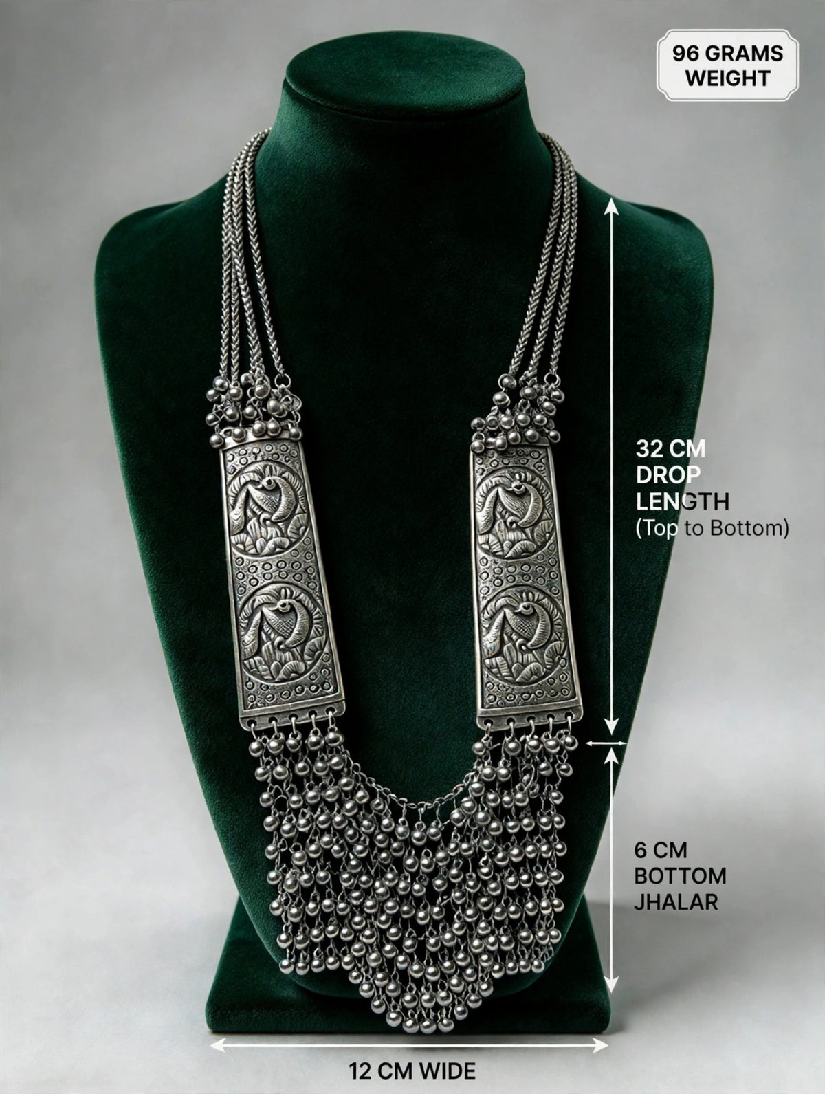 Silver Sonata long mala necklace measurement chart” once corrected