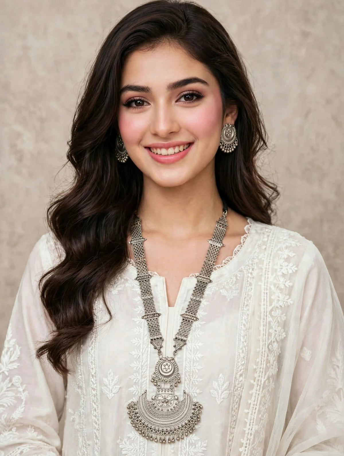 Afghan-style oxidised silver Rani Haar Y-shaped necklace set — large crescent pendant, stud mini jhumka earrings, black dori cord.