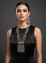 oxidised silver tribal necklace earrings set afghani style”, “close up oxidised silver tribal pendant necklace detail
