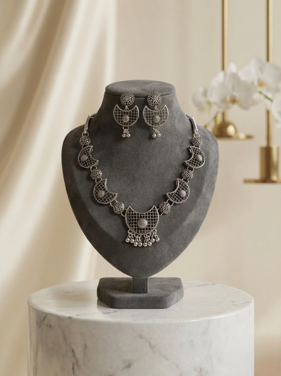 oxidised chocker necklace and stud earrings jewellery set. 