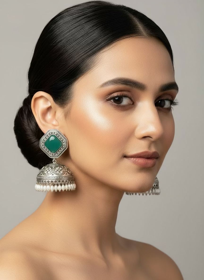 Pair of ornate earrings with green gemstones and silver detailing on a stand.