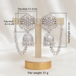 Pakeezah Moonlight jhumka measurements: studs 4 × 4 cm, total earring length 6.5 cm and pair weight 51 g.