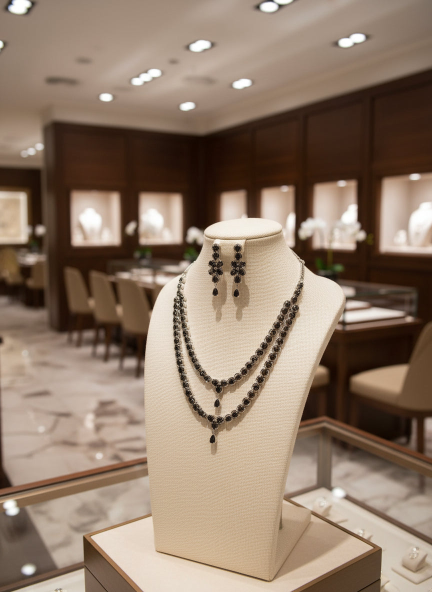 party wear American Dimond black stonesdouble layer necklace with earrings by famaza couture 