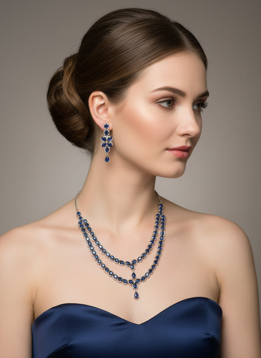 party wear American Dimond blue stones double layer necklace with earrings by famaza couture 