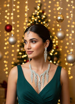 party wear White American diamonds stones with white centre stones necklace , earrings and maang tikka jewellery set by famaza couture