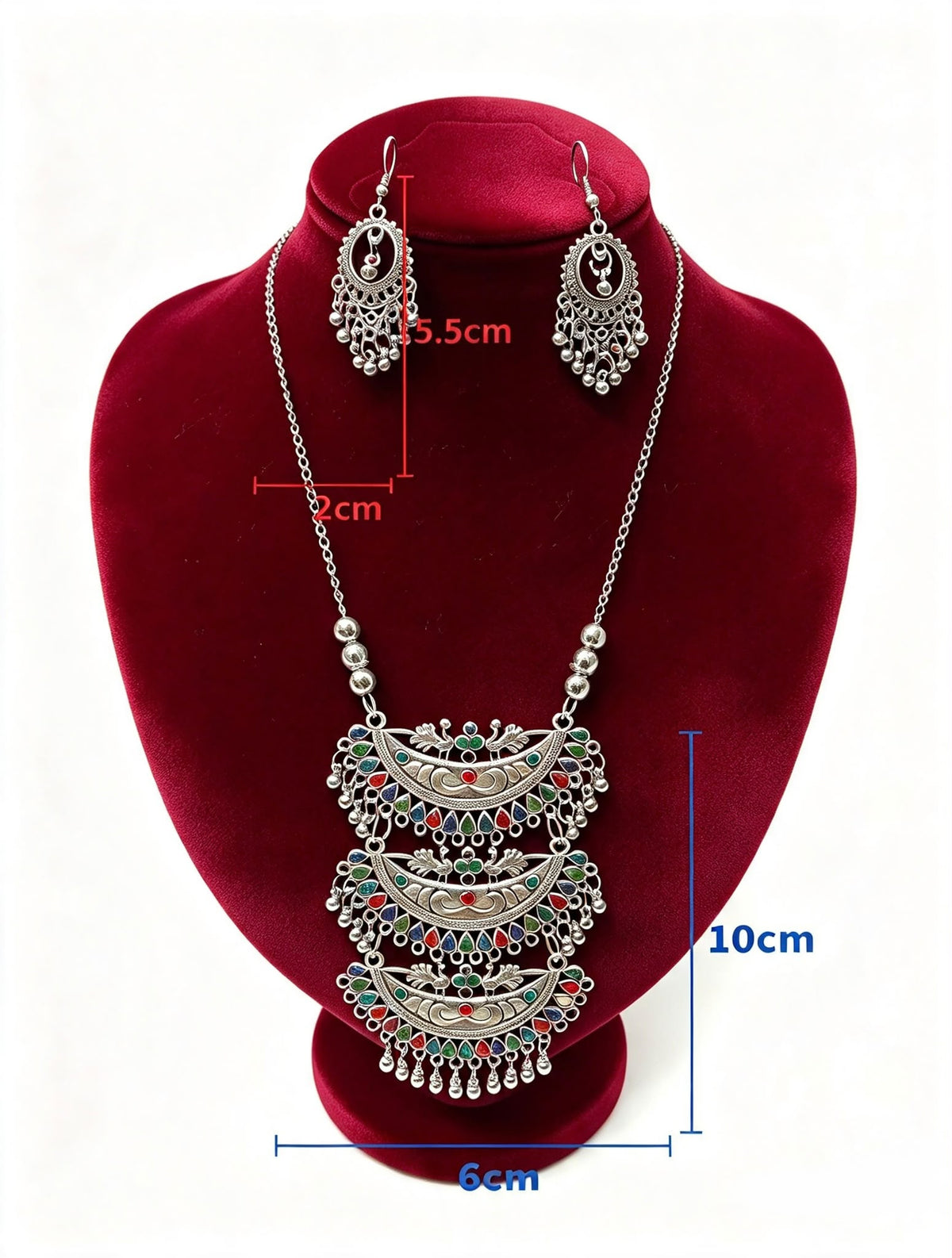 Peacock Radiance set measurements: pendant section 10 cm long and 6 cm wide; hook earrings 5.5 cm long and 2 cm wide.