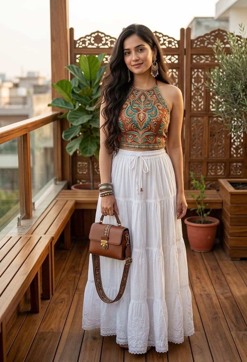 The Pearl White Luxe Ghasspati Chikankari tiered flared maxi skirt by Famaza Couture, featuring an elegant multi-layered silhouette.