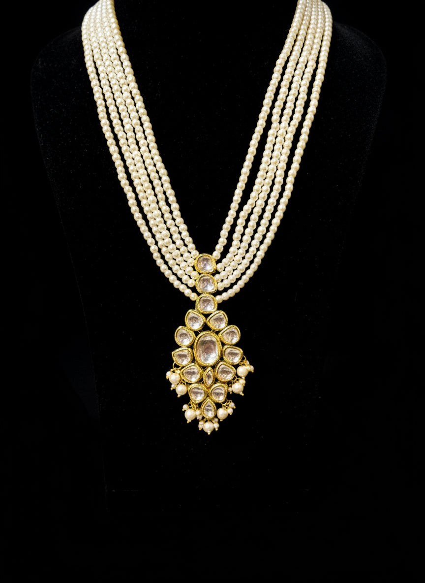 pearls long mala of five layers with gold plated kundan pendant by famaza couture 