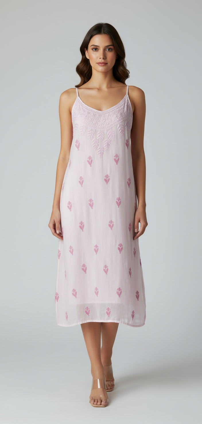 pink Chikankari modal silk fabric Spaghetti Strap dress with hand embroidery by famaza couture 