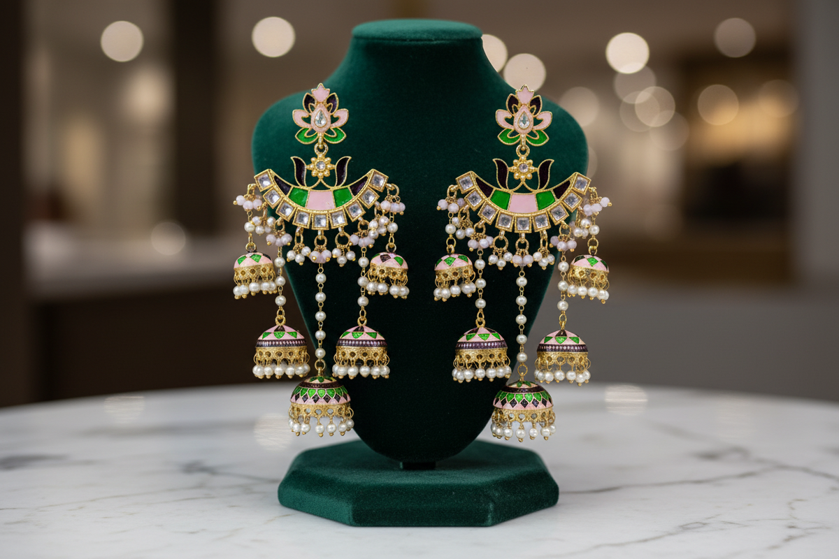 pink and green Meenakari Jhumka Chandbali Earrings with Pearl Drops – Traditional Indian Bridal & Party Wear Earrings