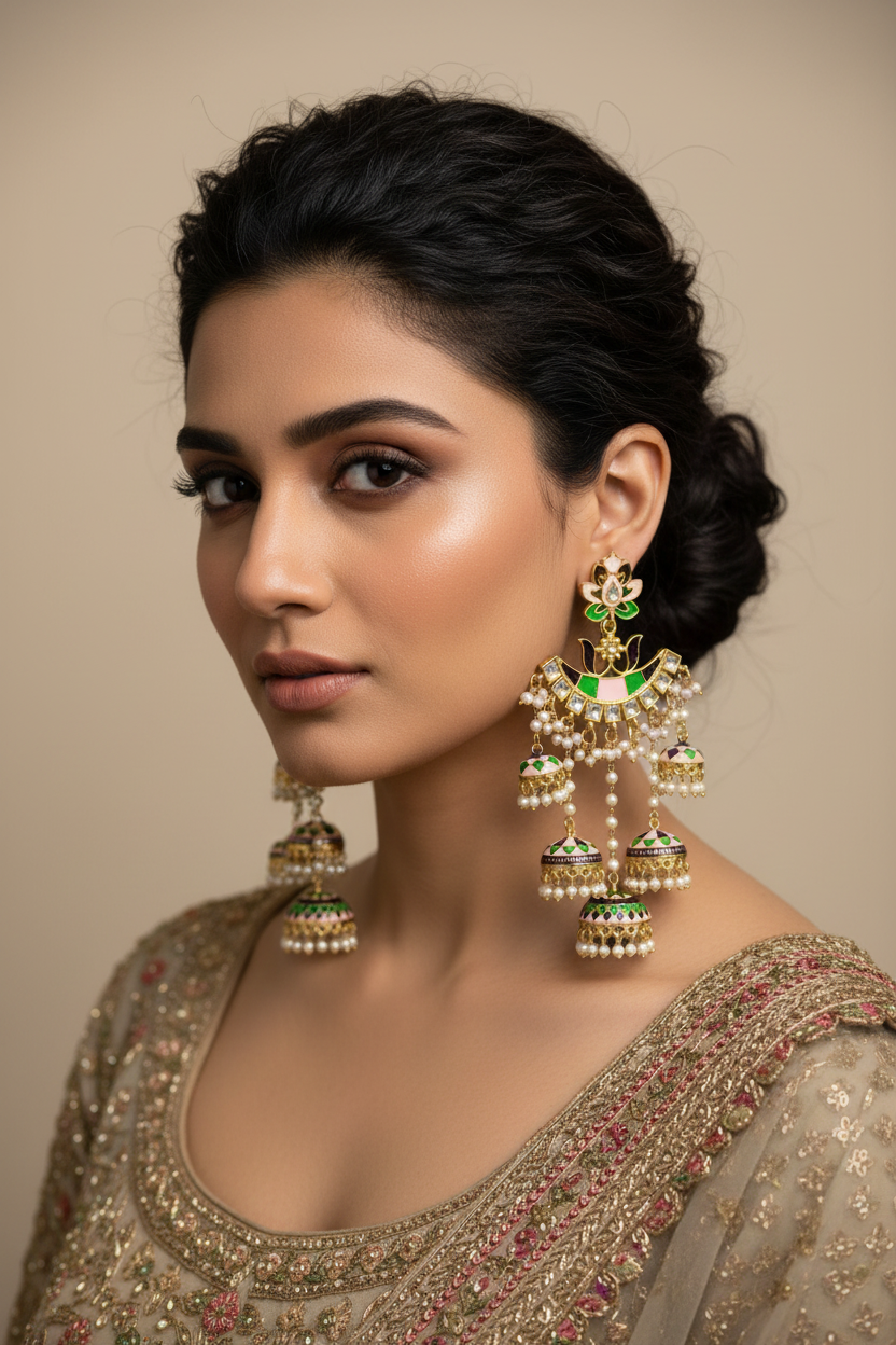 pink and green Meenakari Jhumka Chandbali Earrings with Pearl Drops – Traditional Indian Bridal & Party Wear Earrings.