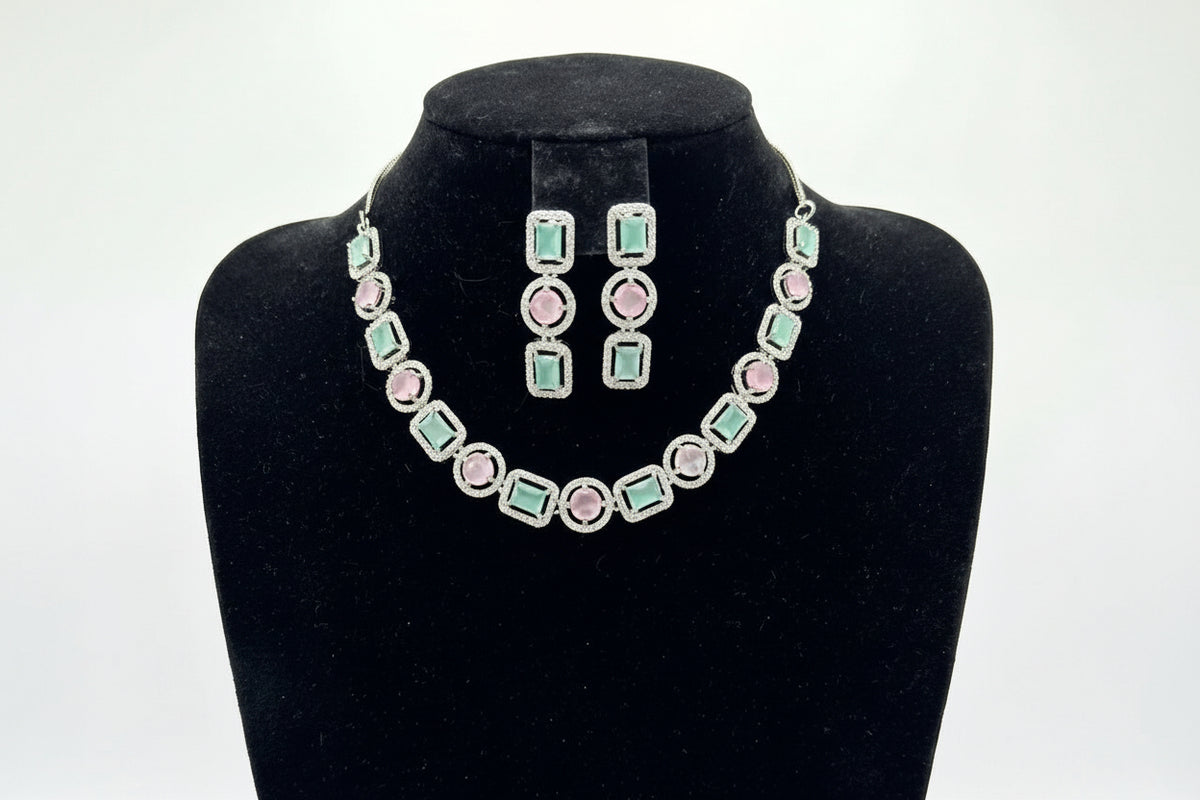 pink and turquoise gemstones with silver plating choker necklace and matching dangling earrings 