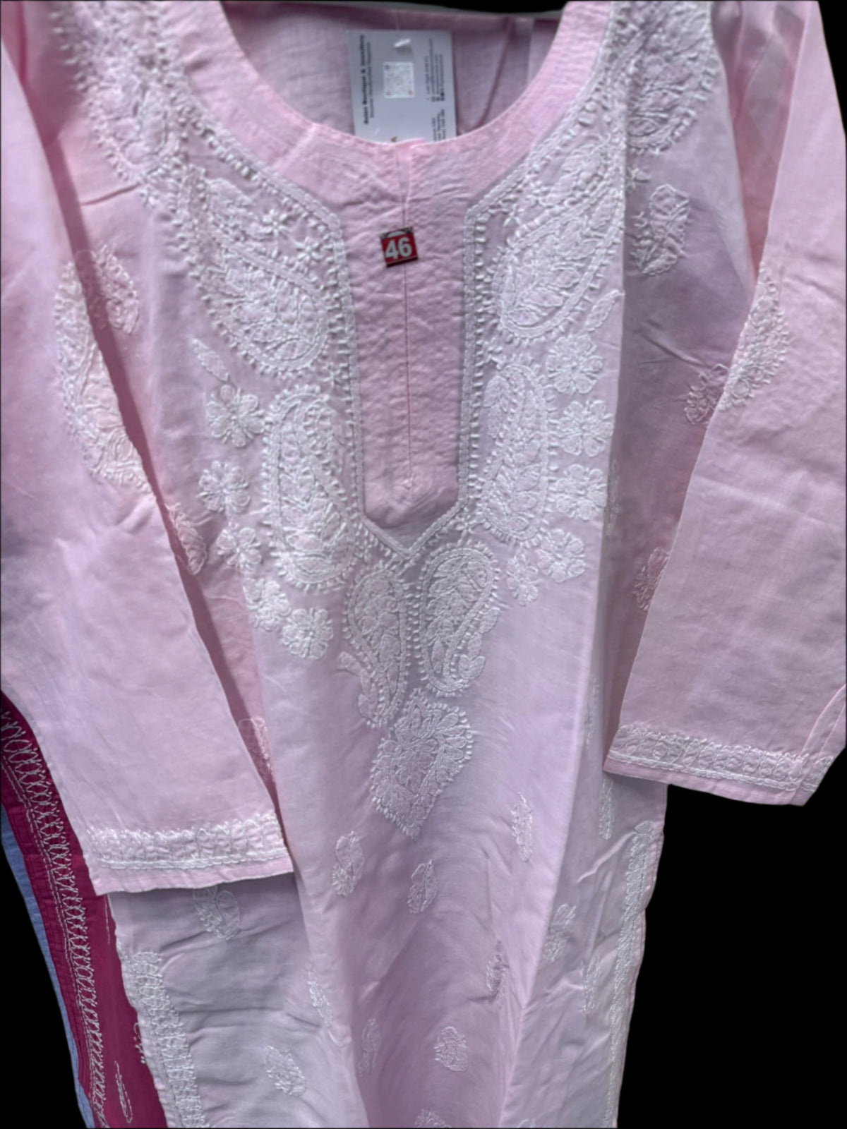 Pink chikankari kurti neck close up