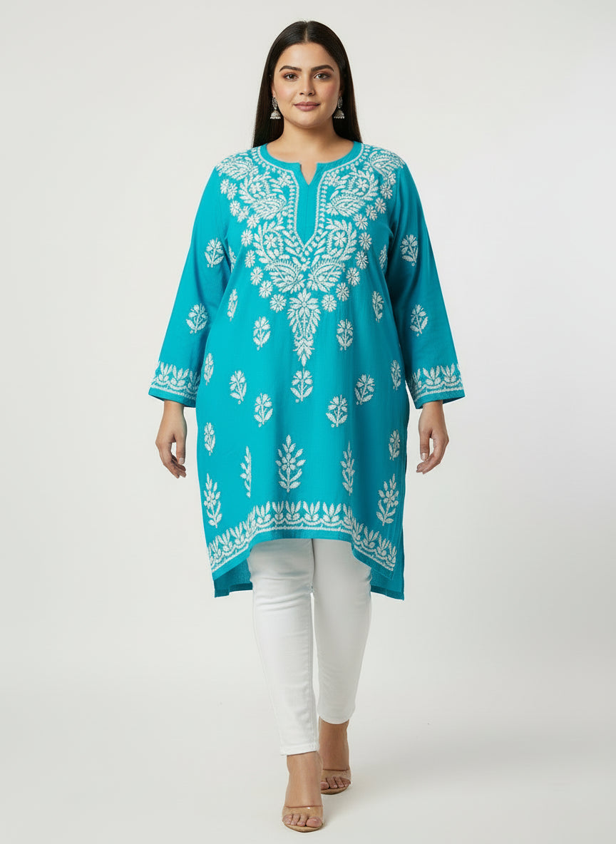 plus size grey colour chikankari short length kurti 
