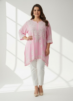 plus size pink colour chikankari short length kurti 