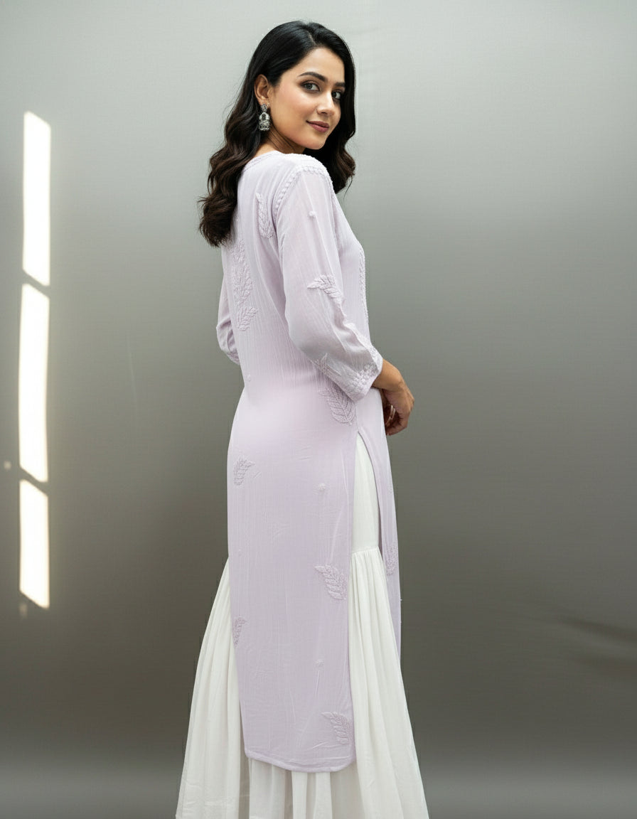 powder pink colour chikankari 3d embroidery long viscose fabric kurti 