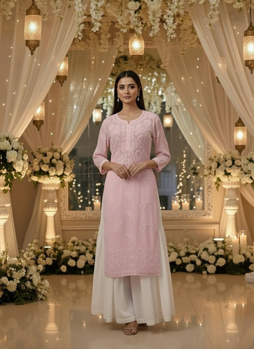 powder pink colour viscose fabric chikankari long kurtiwith ghasspati hand-embroidered patterns by Famaza Couture London brand 