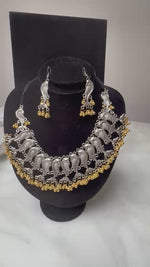 The Rekha - German Silver Boho Choker Set | Tribal Garba Jewellery with Earrings in All Silver & Silver with Golden Ghungroo